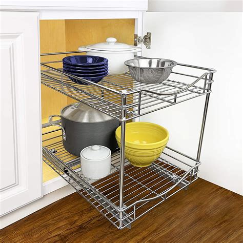 two tier stainless steel cabinet pull out shelves|2 tier sliding drawer organizer.